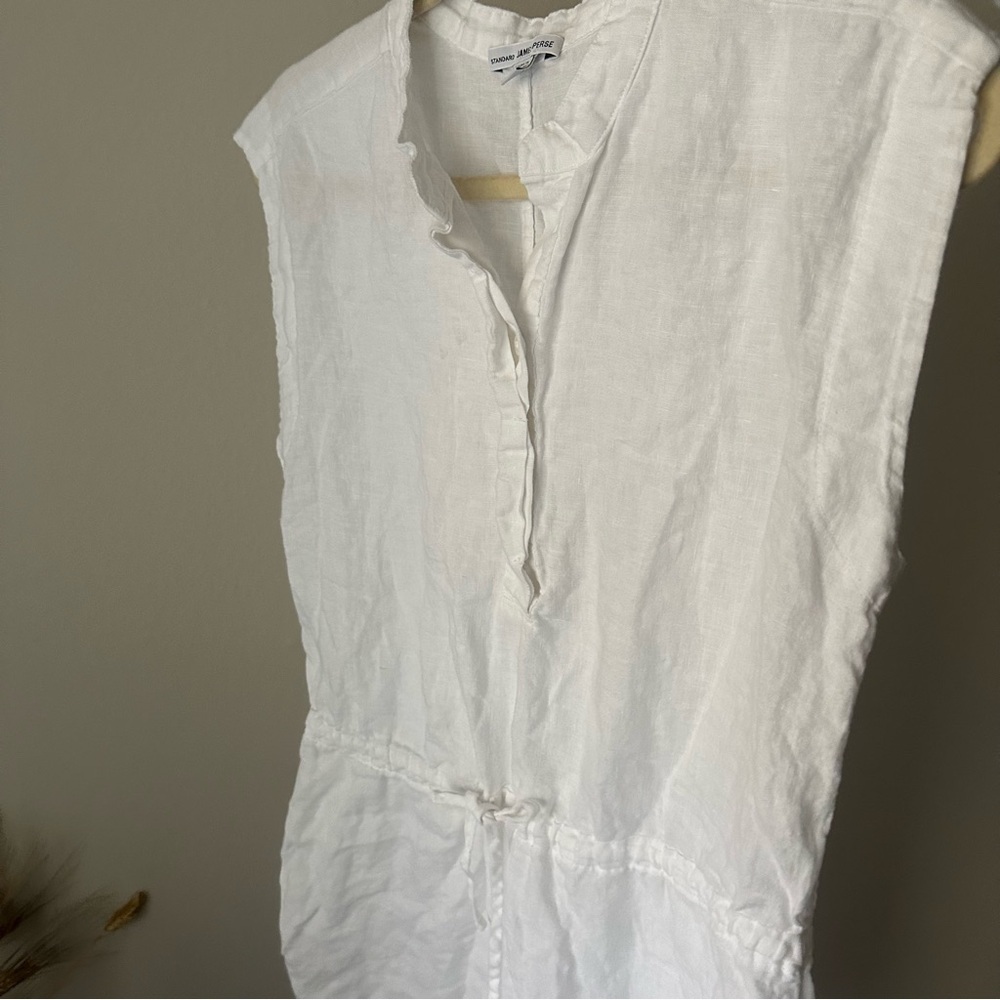 JAMES PERSE 100% Linen Drawstring Dress White Drop Waist Tie Waist Button Front - Picture 8 of 10